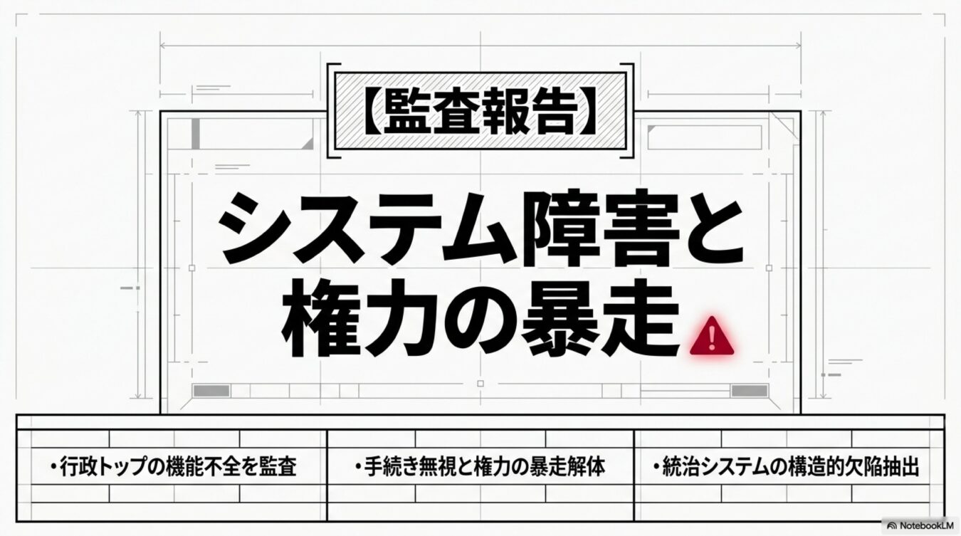 【監査報告】システム障害と権力の暴走をテーマに、行政トップの機能不全、手続き無視、統治システムの構造的欠陥を指摘する図表。