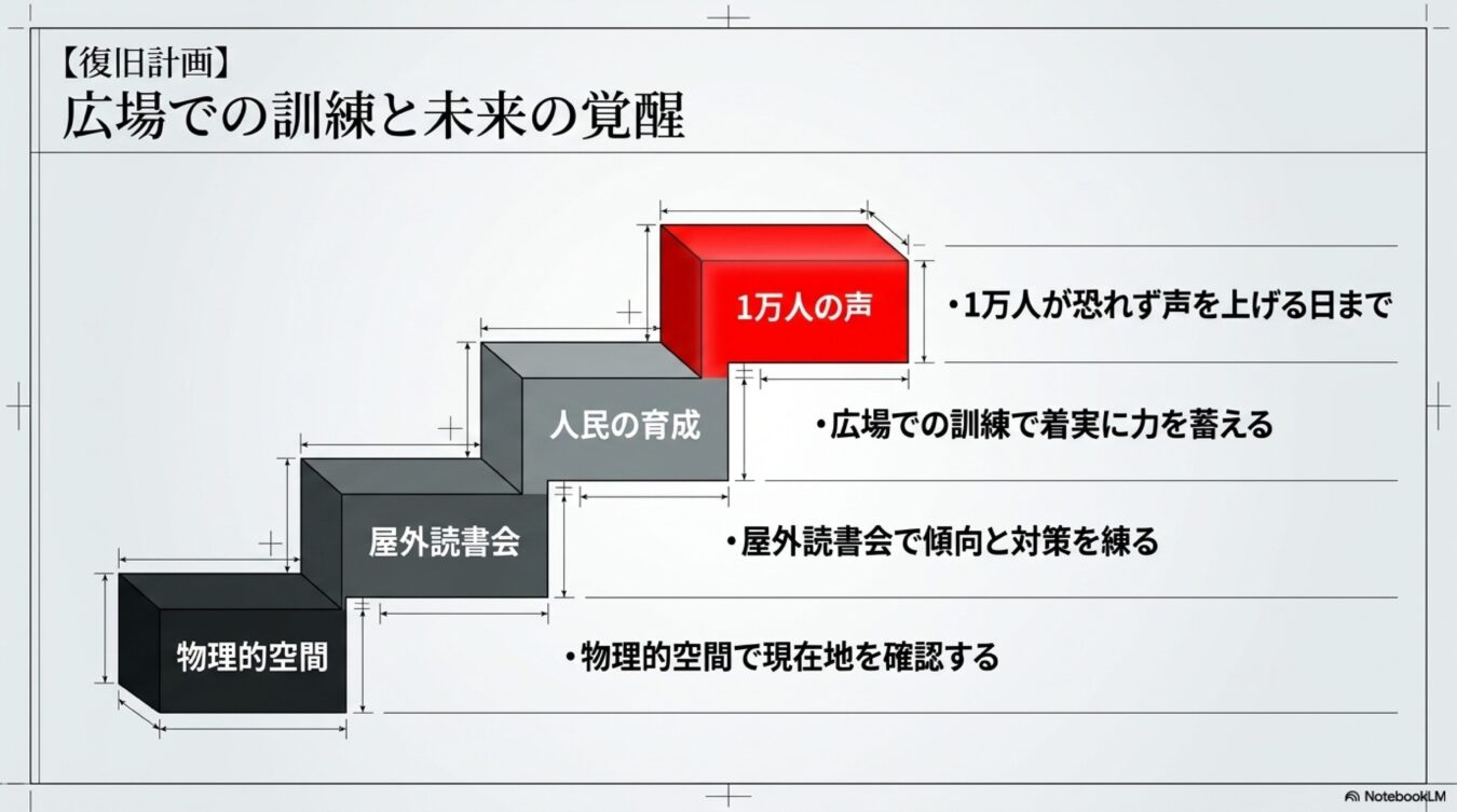物理的空間、屋外読書会、人民の育成を経て1万人の声に至る、復旧計画の段階的なステップを示す図解。