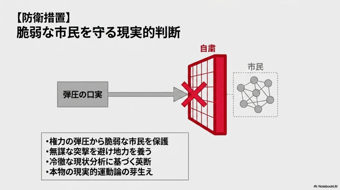 権力の弾圧から市民を守るための自粛を現実的な防衛措置と捉え、無謀な突撃を避けて地力を養うという運動論の図解。