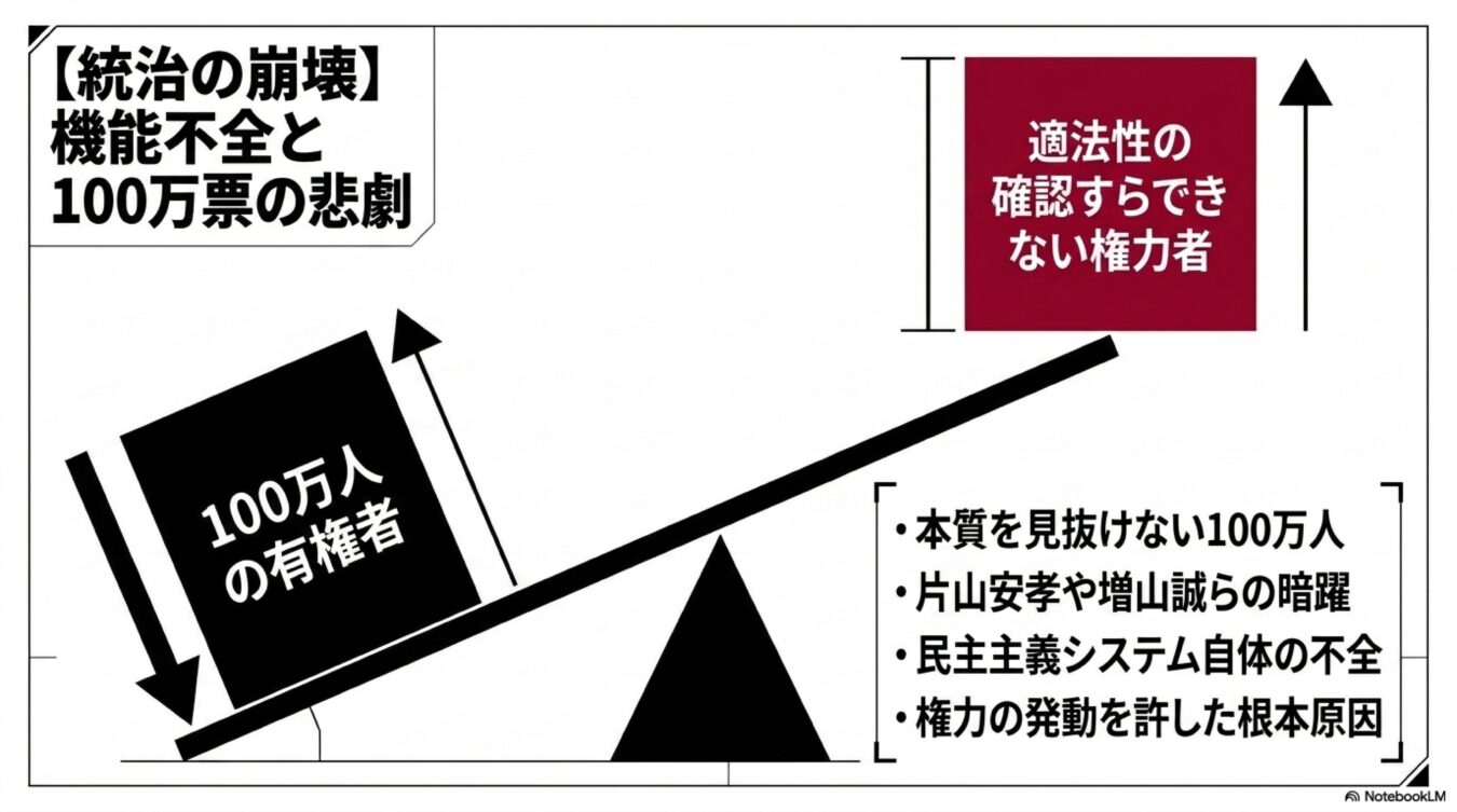 統治の崩壊と機能不全をテーマに、100万人の有権者と適法性を確認できない権力者の関係をシーソーで図解し、民主主義システムの課題を指摘した図。