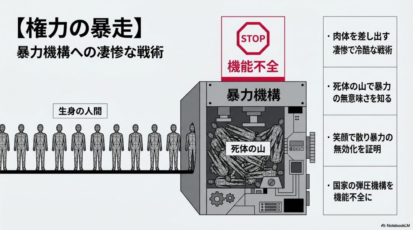 権力の暴走に対し、生身の人間が死体を積み上げて国家の暴力機構を機能不全に追い込む、冷酷な戦術を図解したインフォグラフィック。