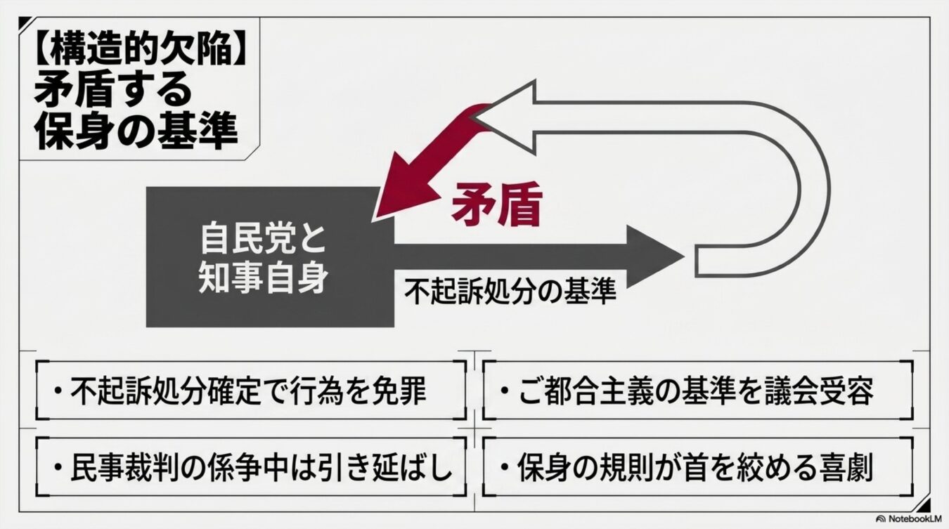 自民党と知事自身の不都合な保身基準が招く矛盾と、不起訴処分や裁判の引き延ばしによるご都合主義的な構造的欠陥を示す図解。