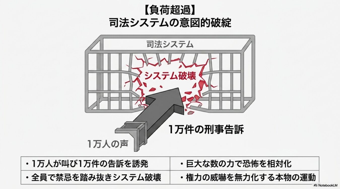 1万人の声と刑事告訴により司法システムを意図的に負荷超過させて機能不全に追い込む、システム破壊の概念図。