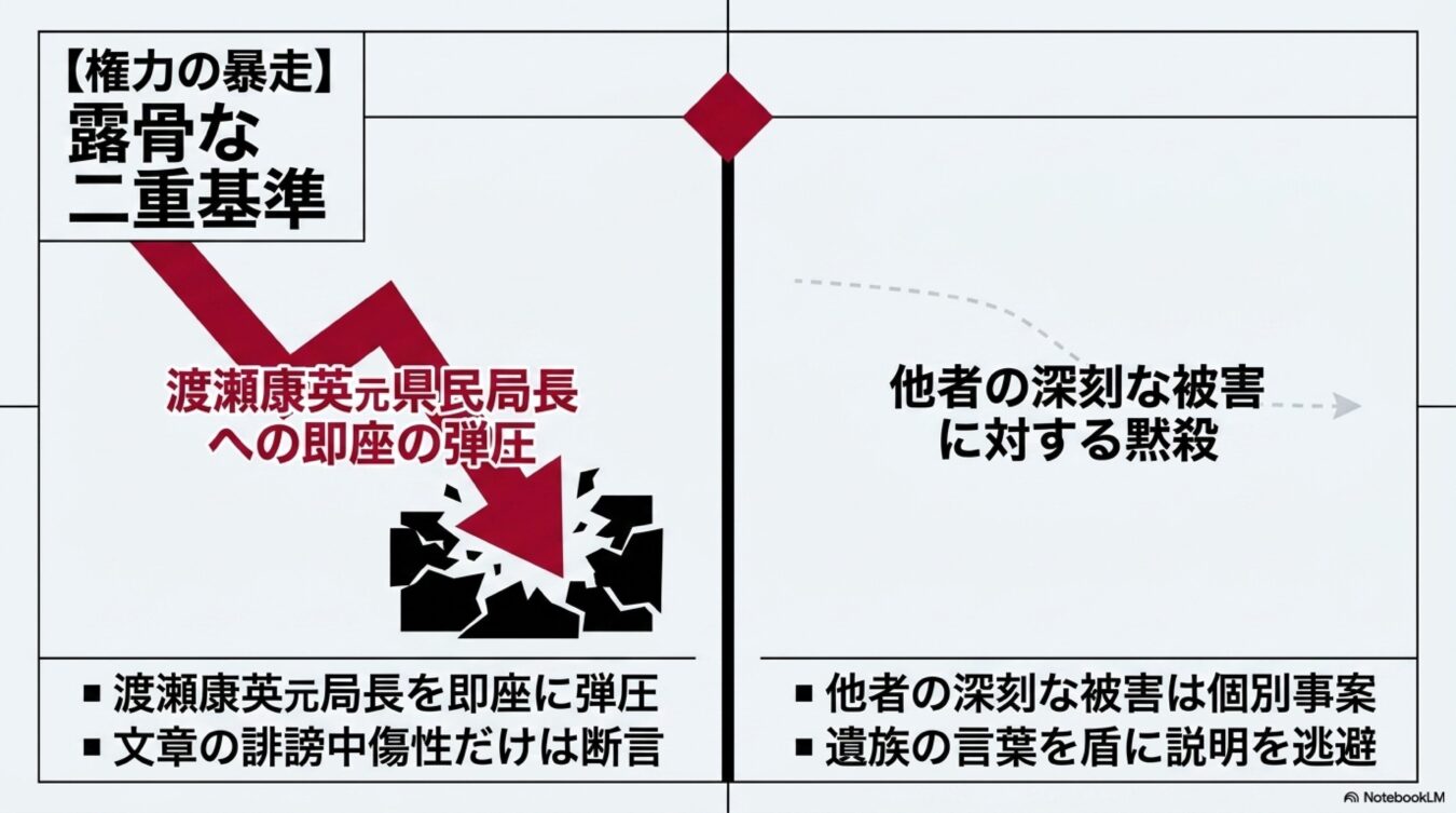 権力の暴走と露骨な二重基準をテーマに、渡瀬康英元県民局長への弾圧と他者の被害に対する黙殺を対比して批判的に解説する図解。