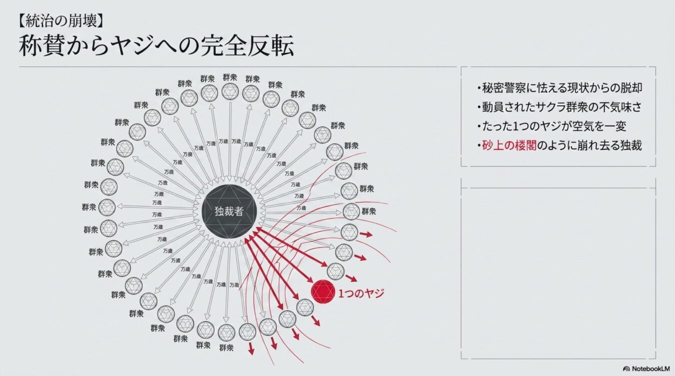 独裁者への称賛がたった1つのヤジをきっかけに批判へと反転し、統治が崩壊していく過程を図解した概念図。