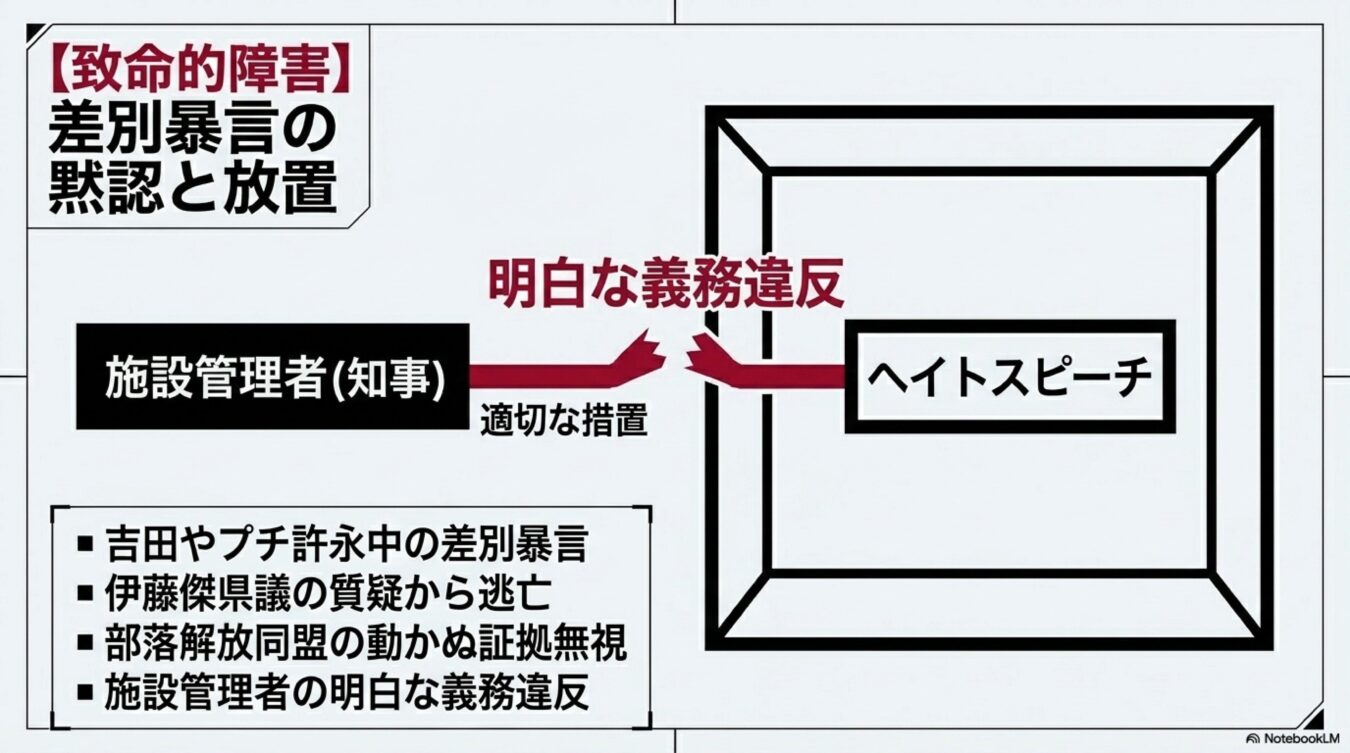 施設管理者によるヘイトスピーチの黙認と放置を致命的障害かつ明白な義務違反と批判し、具体的な事例を挙げた図解。