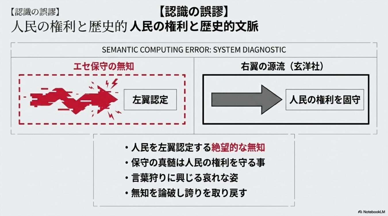 認識の誤謬をテーマに、エセ保守による人民の左翼認定という無知と、右翼の源流である玄洋社の人民の権利を固守するという本来の文脈を対比させた図解。