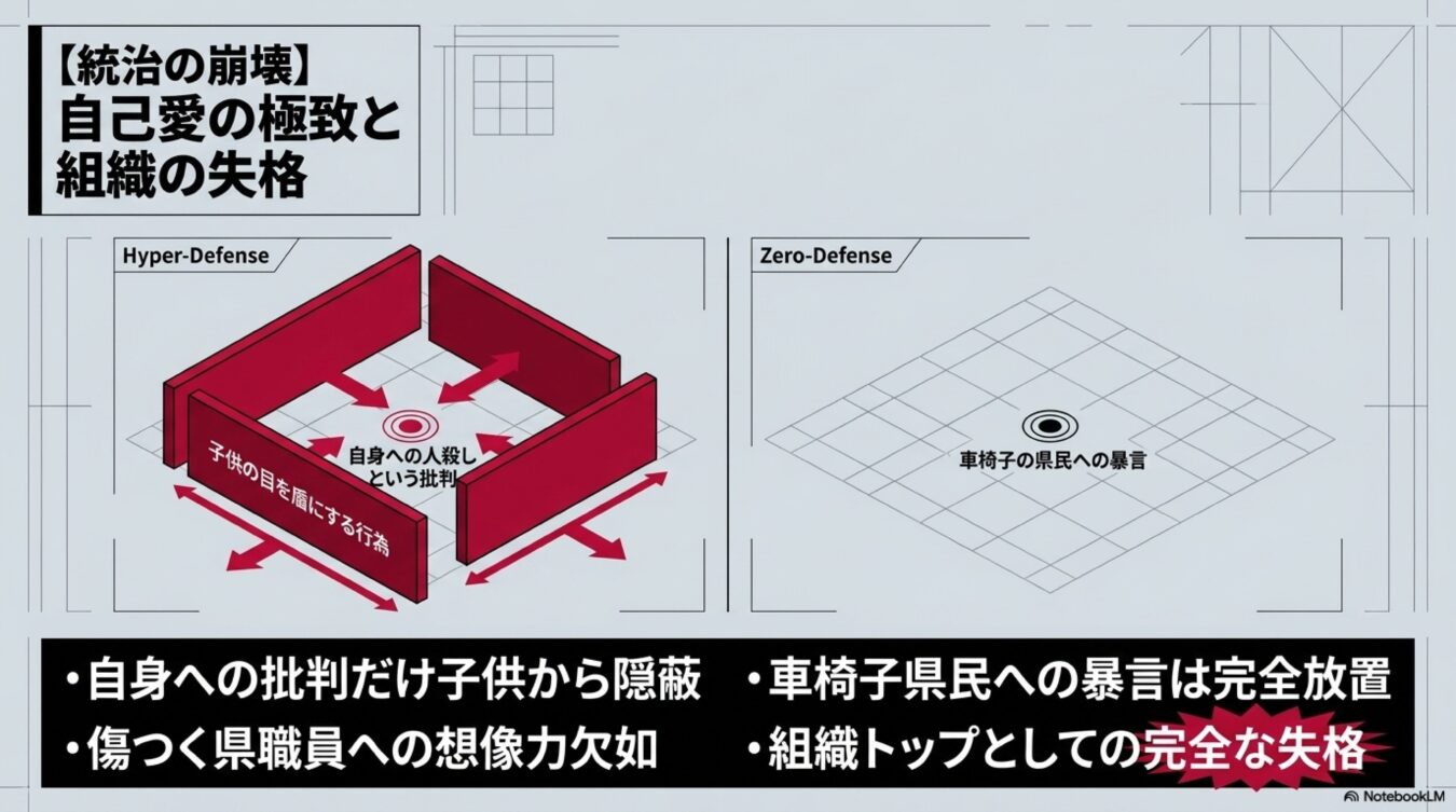 統治の崩壊をテーマに、過剰防衛で批判を遮断する組織の歪みと、差別的言動を放置する無防備な組織運営の対比を図解した資料。