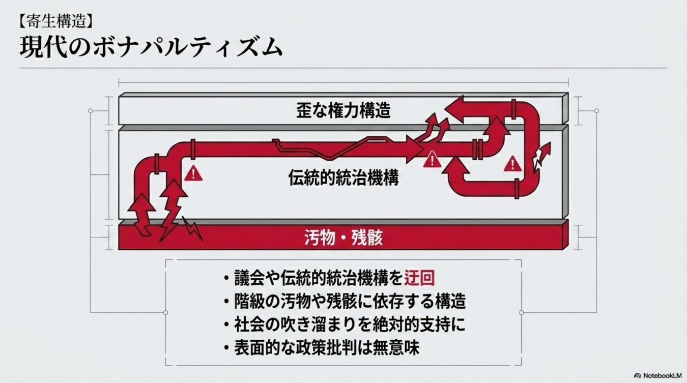 伝統的な統治機構を迂回し、社会の汚物や残骸を動力源とする現代のボナパルティズム的寄生構造を示した図解。