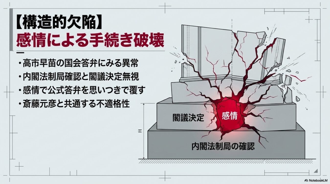 感情による手続き破壊をテーマに、閣議決定や内閣法制局の土台が感情によって崩壊する様子を示す図。