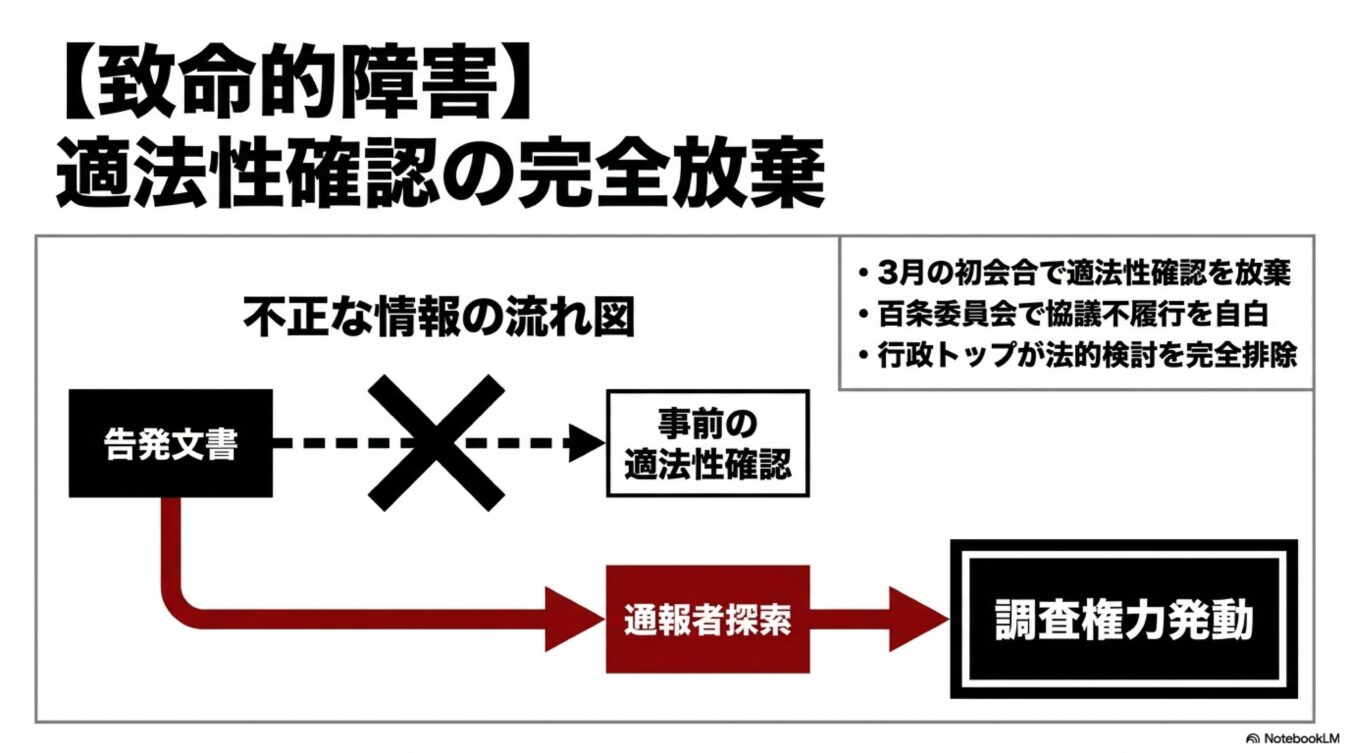 適法性確認が放棄された不正な情報の流れ図。告発文書に対し適法性確認が行われず、通報者探索と調査権力の発動が行われる現状を説明している。