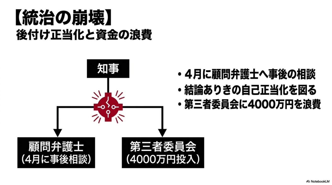 【統治の崩壊】知事による顧問弁護士への事後相談と、第三者委員会への4000万円浪費による自己正当化の構図