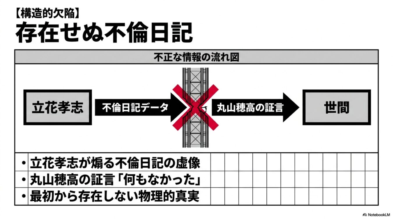 立花孝志が煽る不倫日記が実際には存在せず、丸山穂高の証言によりその虚像が否定される構造の説明。