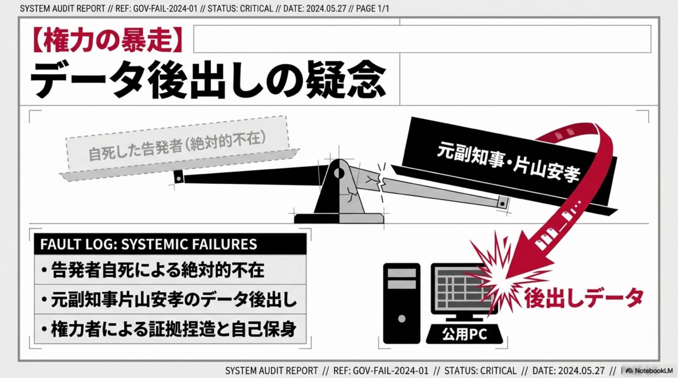 データ後出しの疑念と題し、告発者自死の不在と元副知事片山安孝による証拠捏造や自己保身の疑惑を示す図。