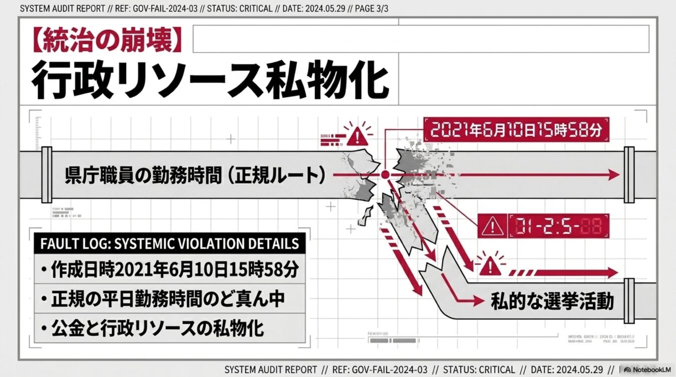 県庁職員の正規勤務時間が遮断され、私的な選挙活動へ流用される行政リソース私物化の構造を示す図。