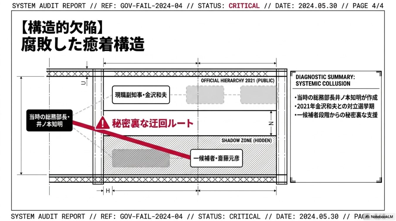 当時の総務部長から候補者・斎藤元彦への秘密裏な迂回ルートによる腐敗した癒着構造を示すシステム監査レポート。