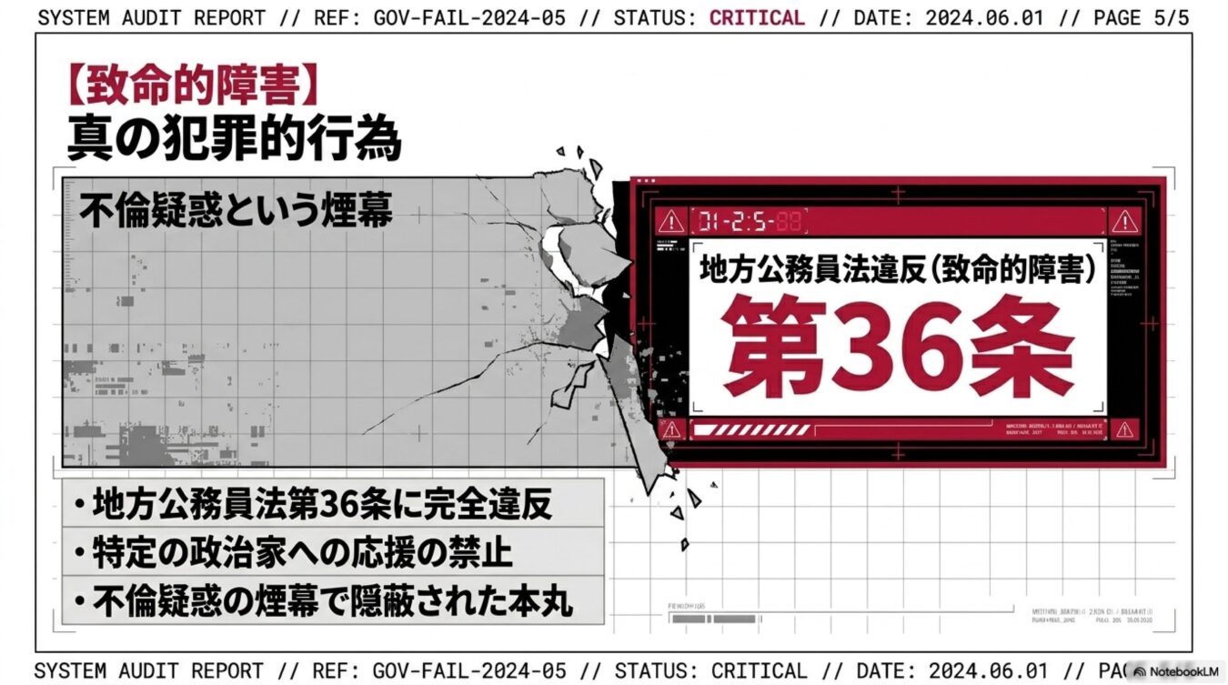地方公務員法第36条違反(特定の政治家への応援禁止)を、不倫疑惑の裏に隠された本丸として指摘するレポート。