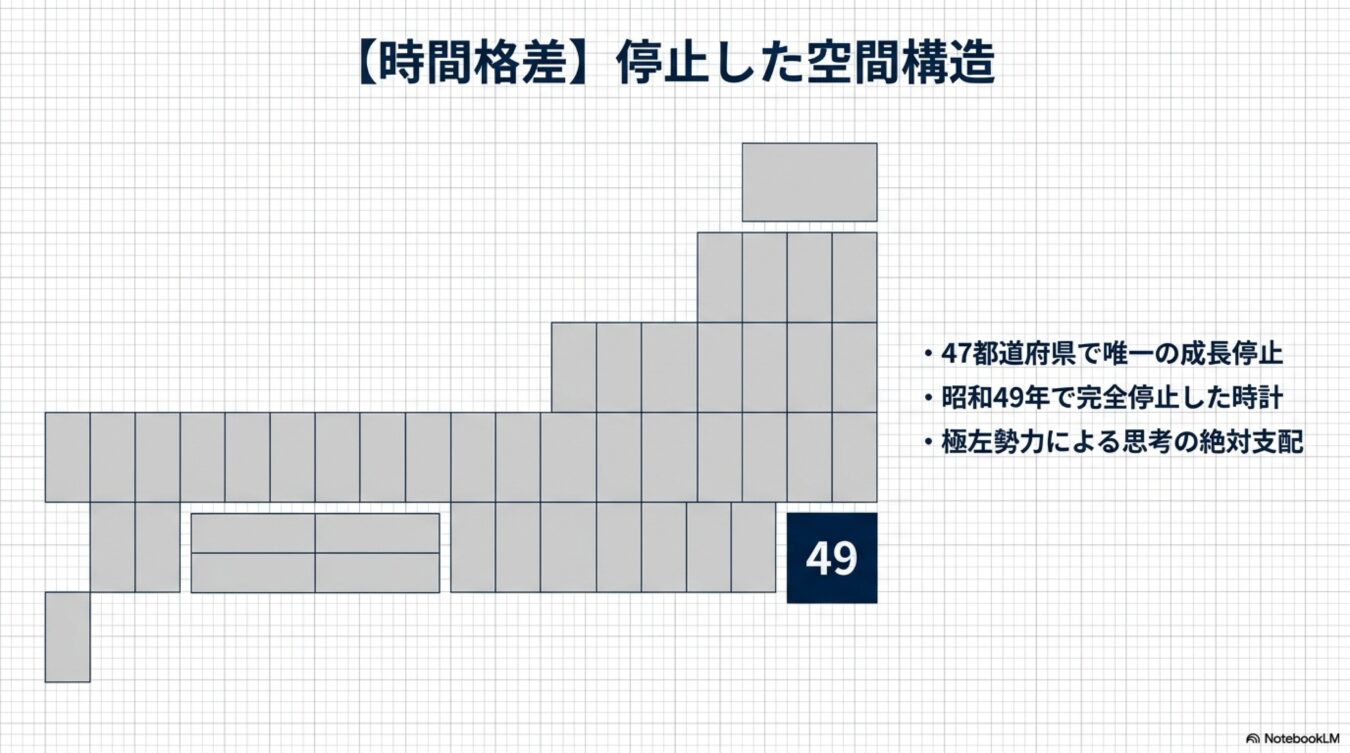 日本地図をブロックで抽象化した図。47都道府県のうち1箇所が49と強調され、成長停止や思考支配の停滞が示されている。