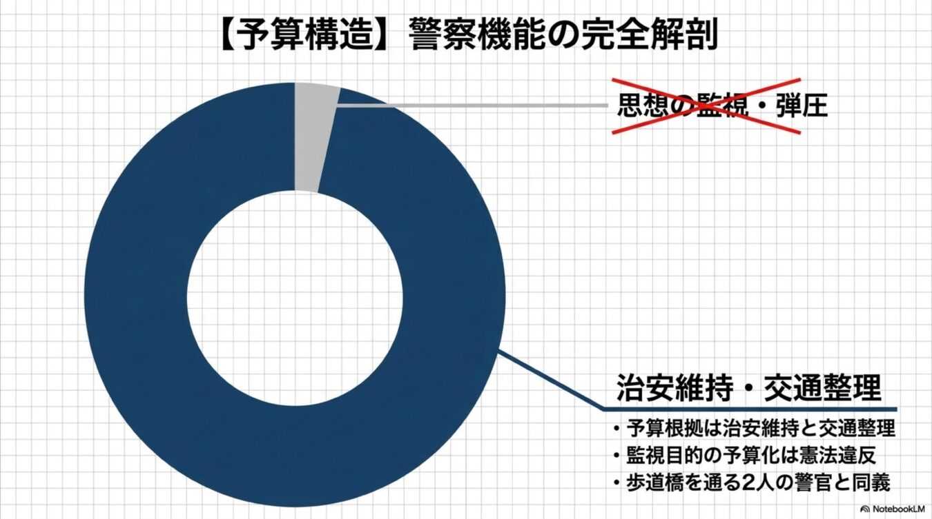 警察の予算構造を示すドーナツグラフ。大部分が治安維持・交通整理であり、思想の監視・弾圧は否定されるべきとの主張を図解している。