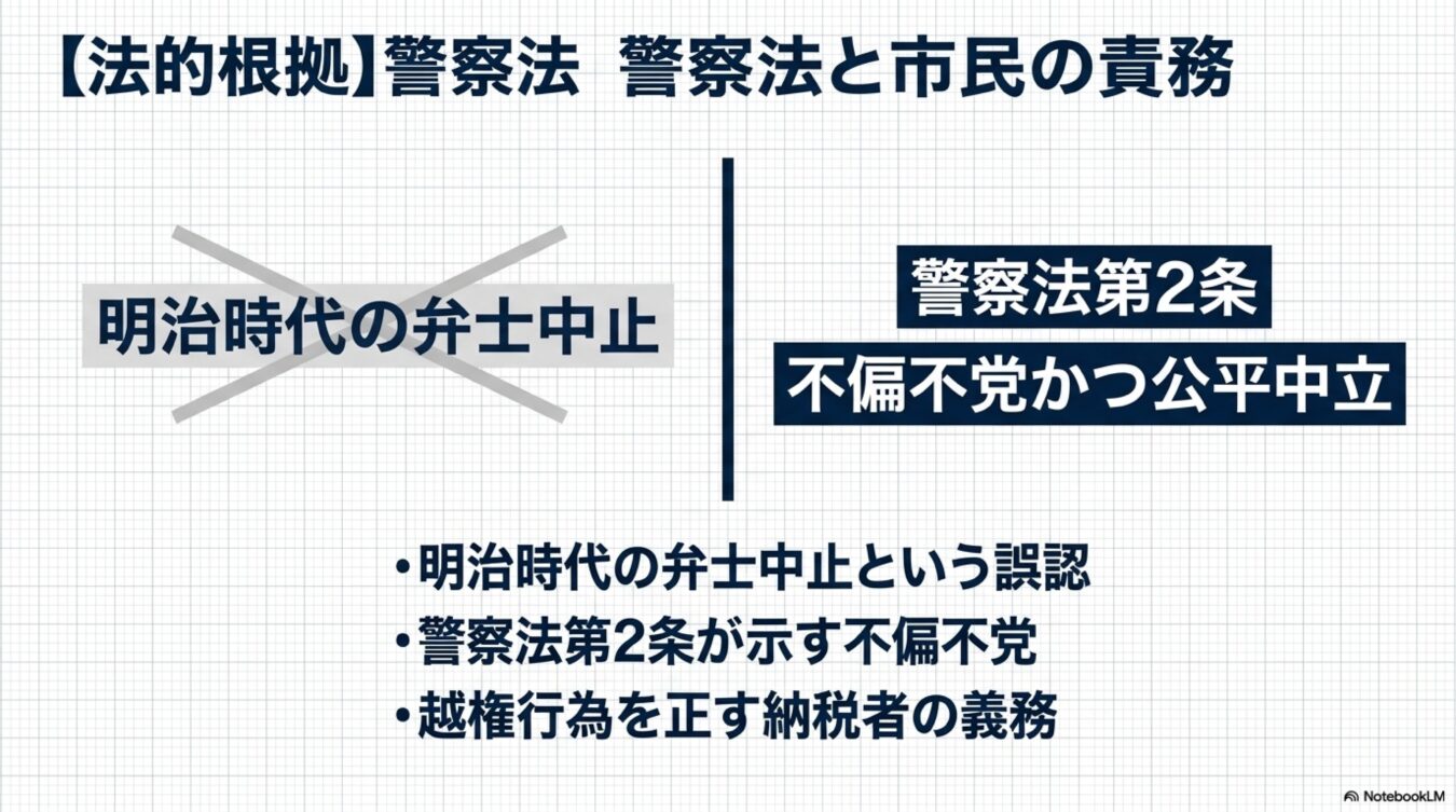 警察法第2条における不偏不党の原則と、明治時代の弁士中止という誤認を対比し、警察の越権行為を正す市民の責務を示した図表。