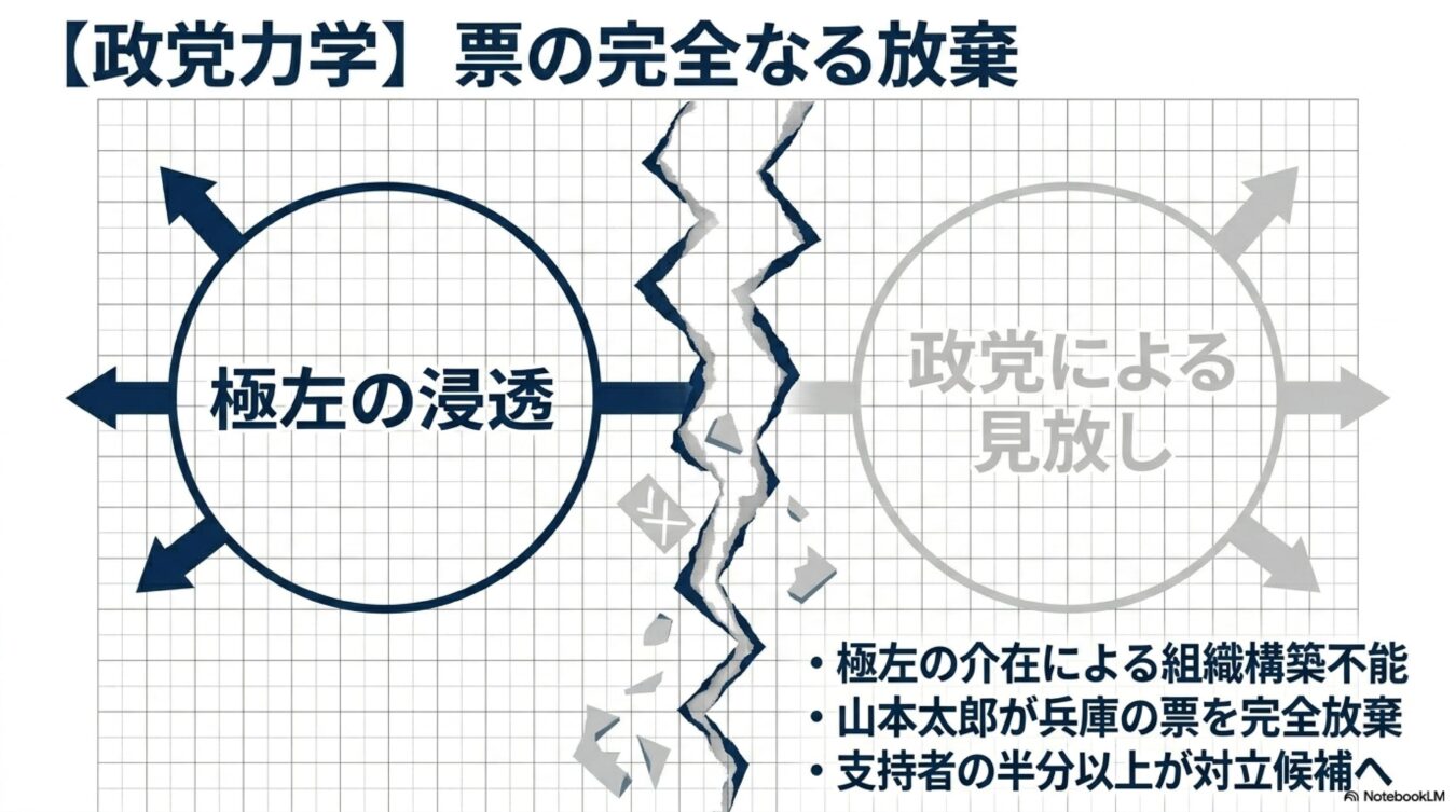 政党力学における票の放棄を解説する図。極左の浸透により組織構築が困難となり、山本太郎氏が兵庫の票を放棄し、支持者の半数以上が対立候補へ流れた状況を示す。