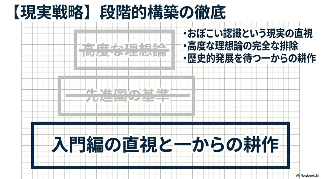 現実戦略における段階的構築の徹底を図解。理想論や先進国の基準を排し、現実を直視して入門編の直視と一からの耕作を重視する考え方を示したもの。