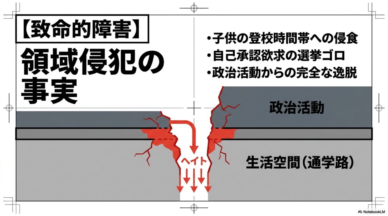 政治活動が生活空間である通学路へ侵食し、ヘイトなどの弊害をもたらしている現状を批判的に図解した概念図。