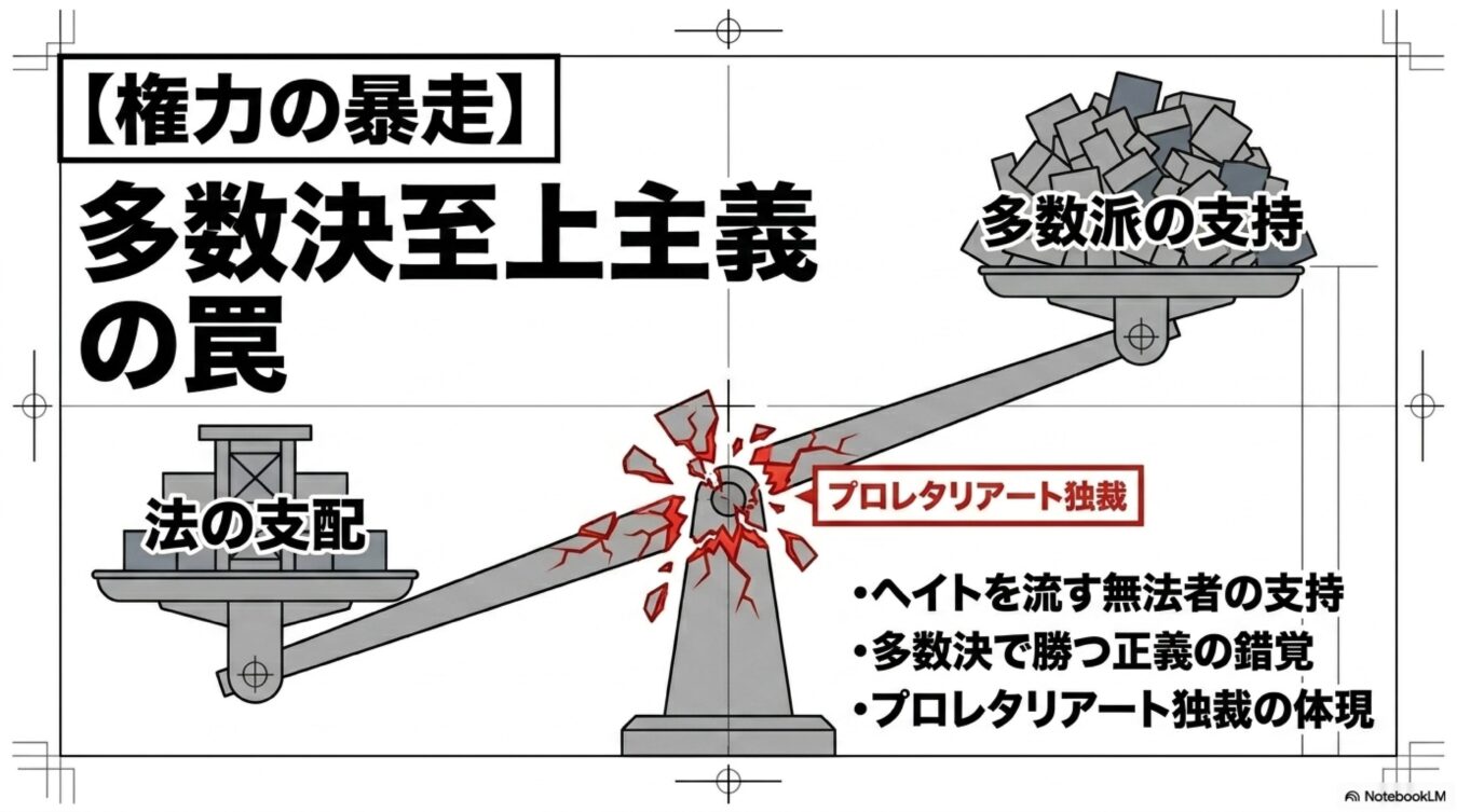 多数派の支持が重く法の支配との均衡が崩れた天秤の図。多数決至上主義がもたらすプロレタリアート独裁の危険性を警告する内容。