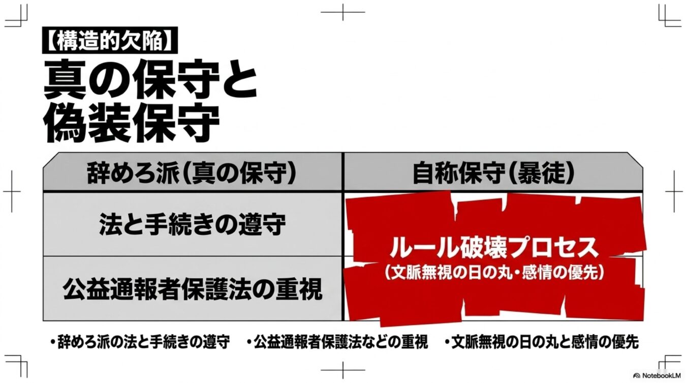 真の保守と自称保守の構造的欠陥を対比し、法の遵守を掲げる真の保守と、感情優先でルールを破壊する自称保守の相違をまとめた比較図。