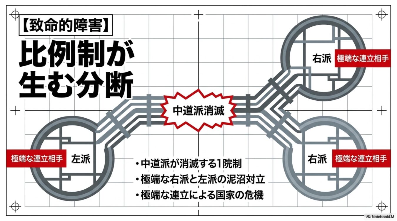比例制度において中道派が消滅し、左右の極端な勢力が対立・連立することで国家が危機に陥るメカニズムを解説した図解。
