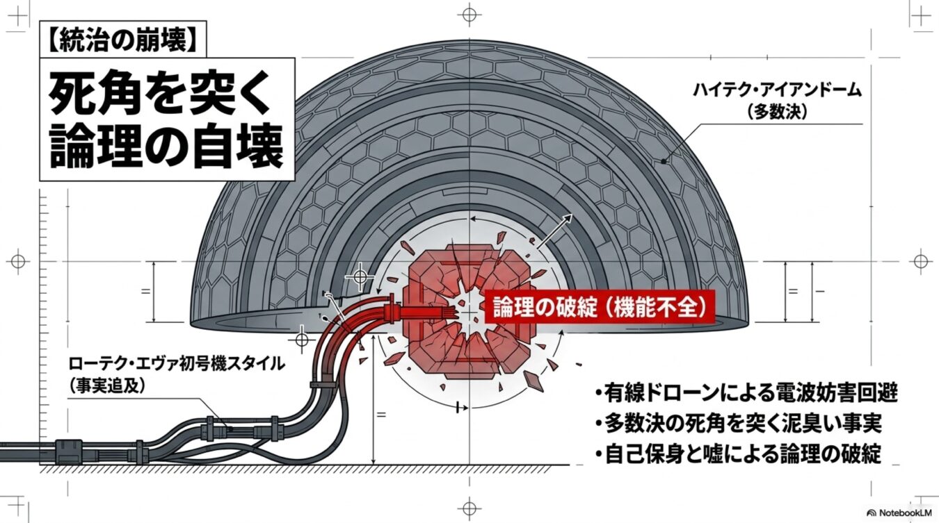多数決の防壁をドローンで突破し、自己保身や嘘によって論理が破綻していく統治の仕組みを図解したもの。
