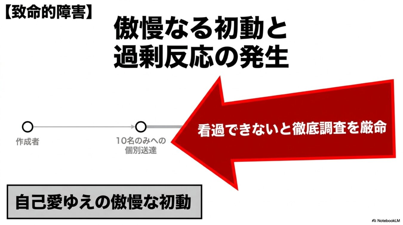 傲慢なる初動と過剰反応の発生をテーマに、個別送達から徹底調査厳命へ至る過程を示す図。