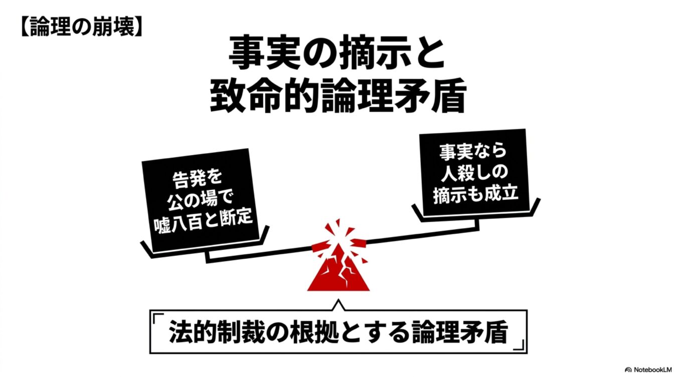 告発の否定と事実の摘示がもたらす致命的な論理矛盾と、法的制裁の根拠が崩壊していることを示す天秤の図。