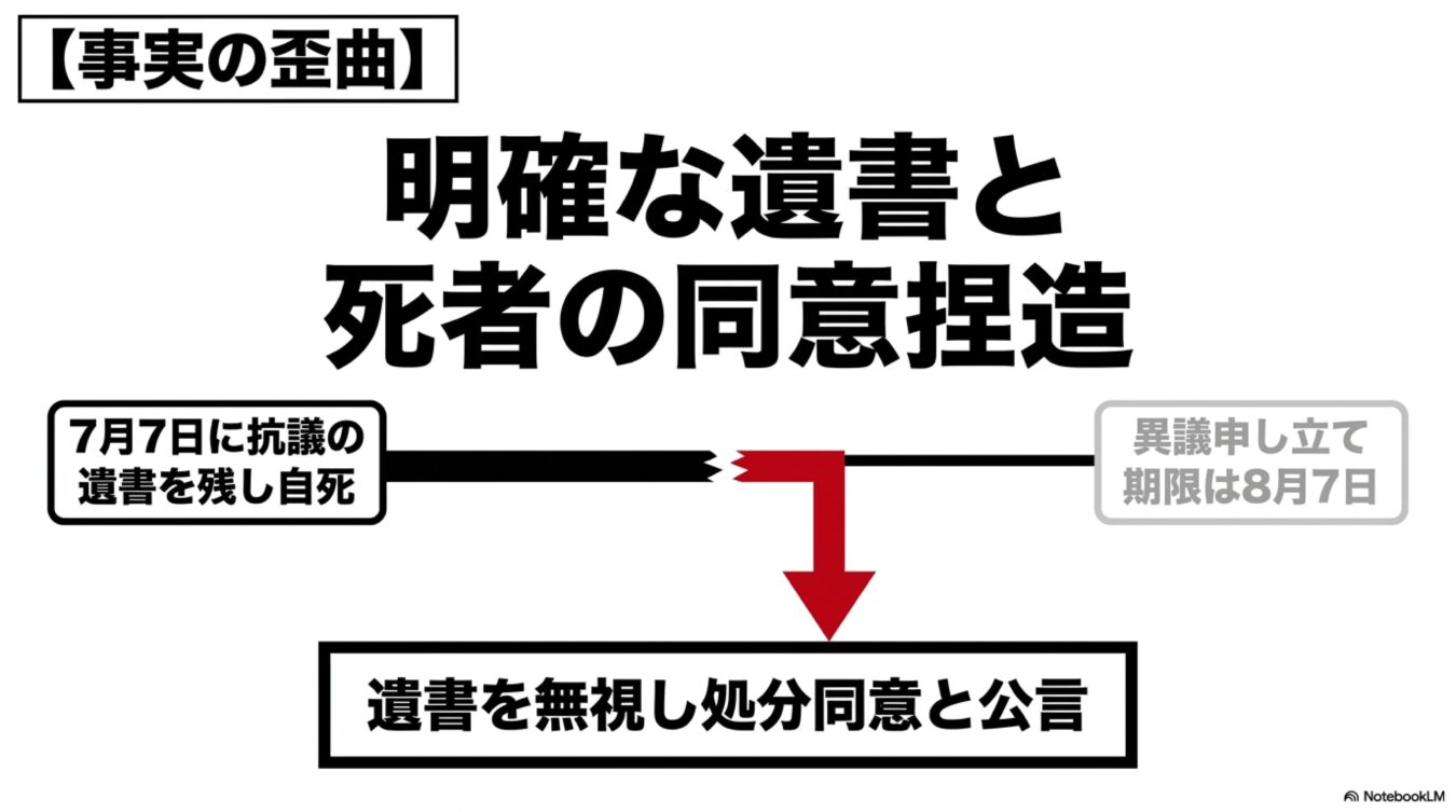 明確な遺書と死者の同意捏造として、遺書を無視し死者が処分に同意したと公言する事実の歪曲を示す図。