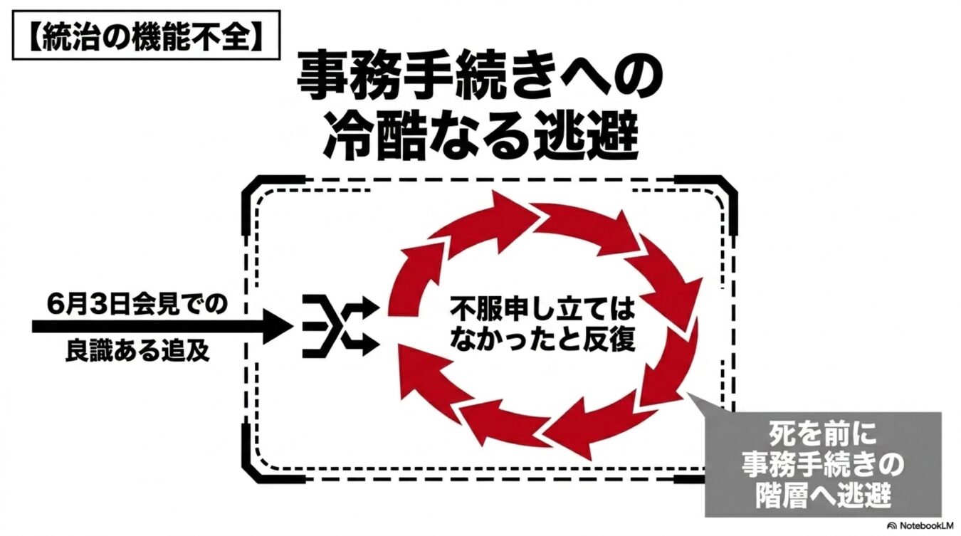 6月3日の会見での追及に対し不服申し立てはなかったと繰り返す、事務手続きへの逃避を示す図。