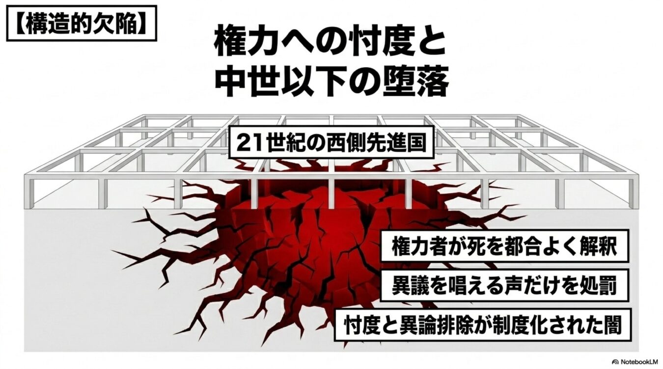 権力への忖度や異論排除により、21世紀の西側先進国の土台がひび割れて崩落していく構造的欠陥を表した図。