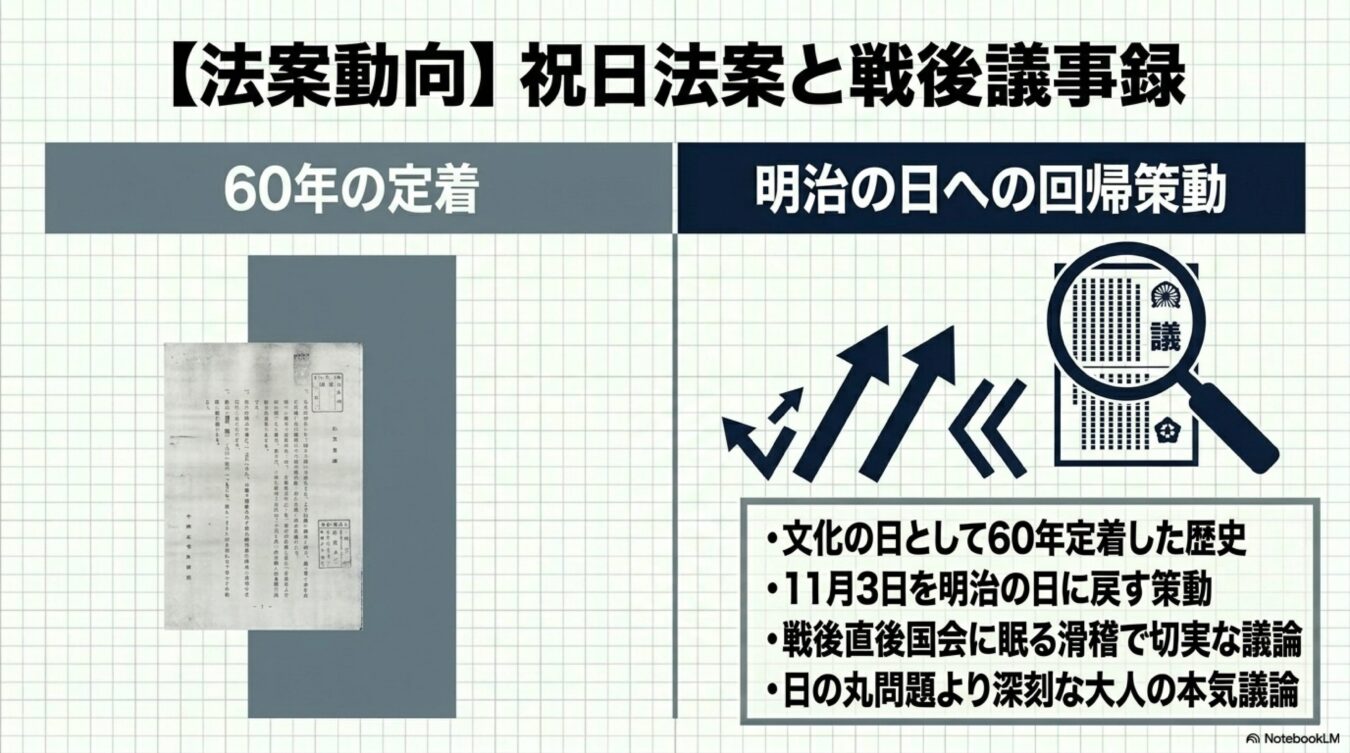祝日法案と戦後議事録から、文化の日としての歴史と明治の日への回帰を巡る国会の多様な議論を解説しています。