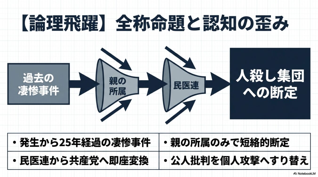 全称命題と認知の歪みをテーマに、過去の事件から親の所属や民医連を経て不当な断定に至る論理飛躍を示した図解。