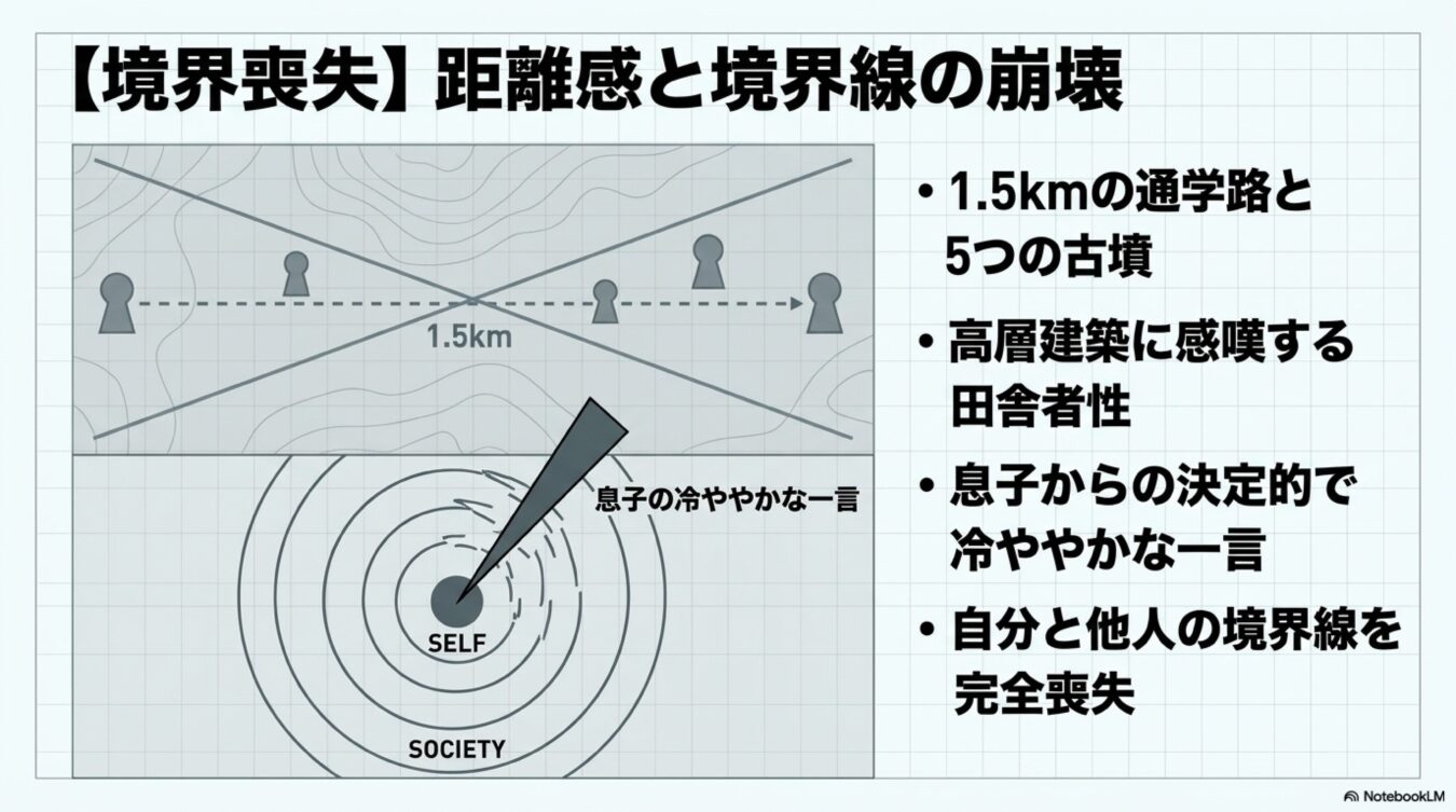 距離感と境界線の崩壊をテーマに、通学路の古墳や、自己と他人の境界線が完全喪失するプロセスをまとめた解説。