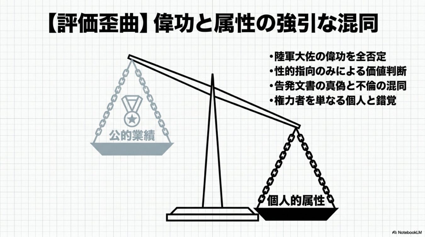 公的業績と個人的属性が天秤にかけられ、評価の歪曲や偉功と属性の強引な混同について説明する図。