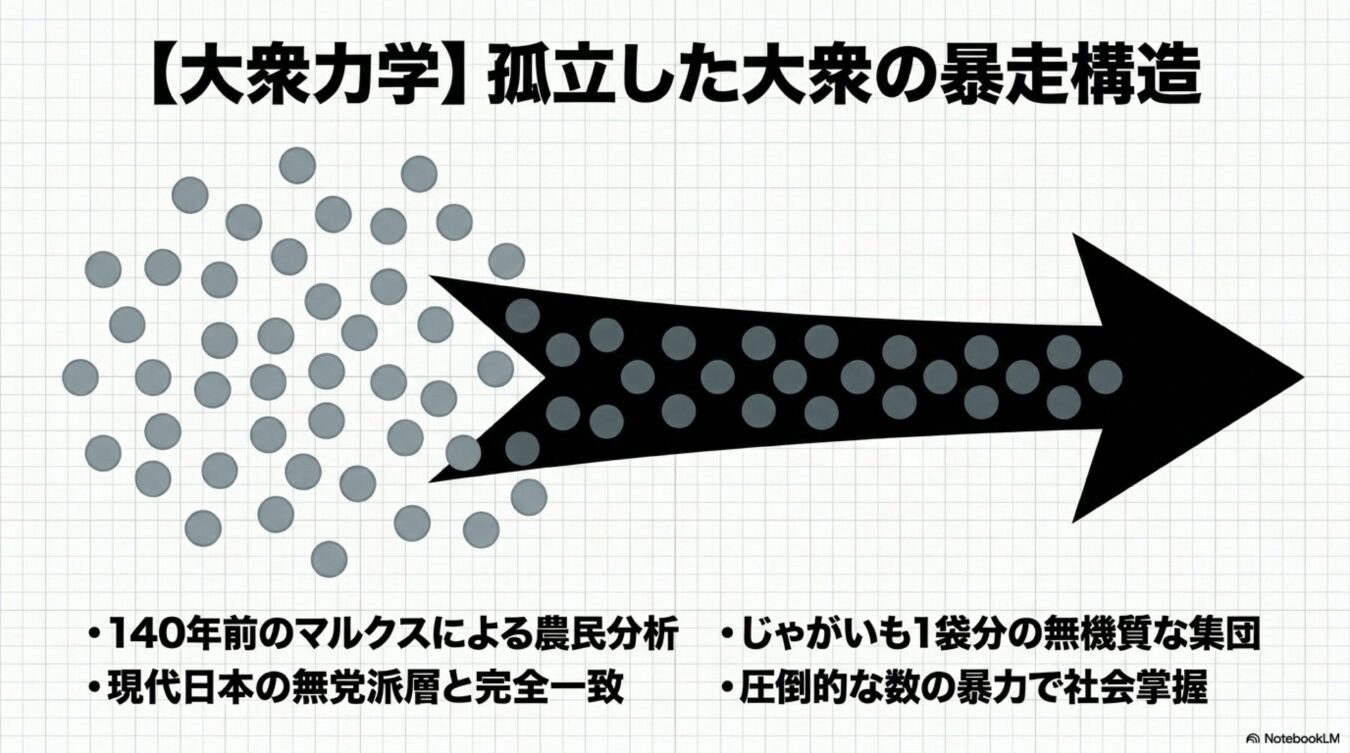 大衆力学における孤立した大衆の暴走構造の図解と、マルクスの農民分析や現代の無党派層に関する解説テキスト。