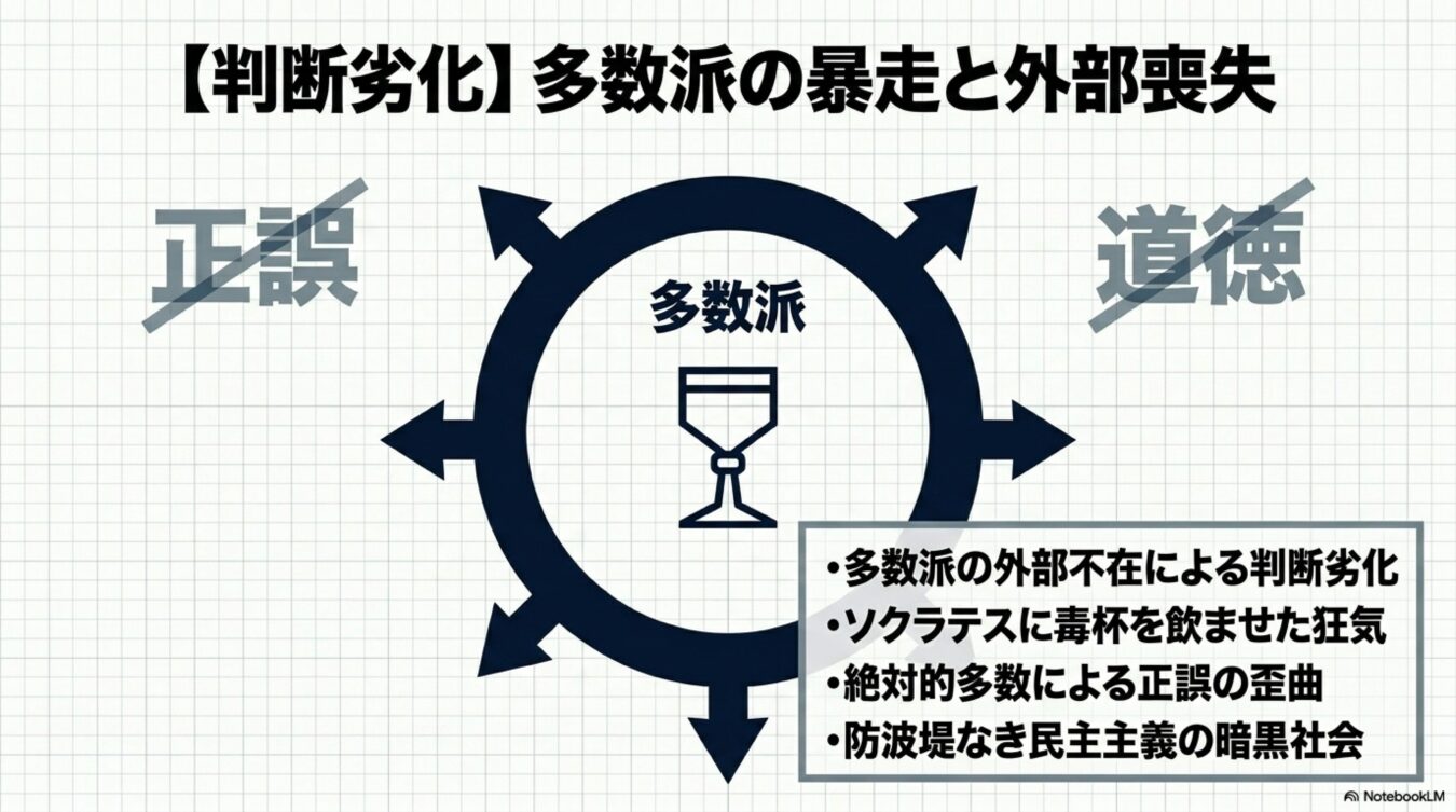 多数派の暴走と外部不在による判断劣化、正誤や道徳の歪曲、防波堤なき民主主義がもたらす暗黒社会の解説。