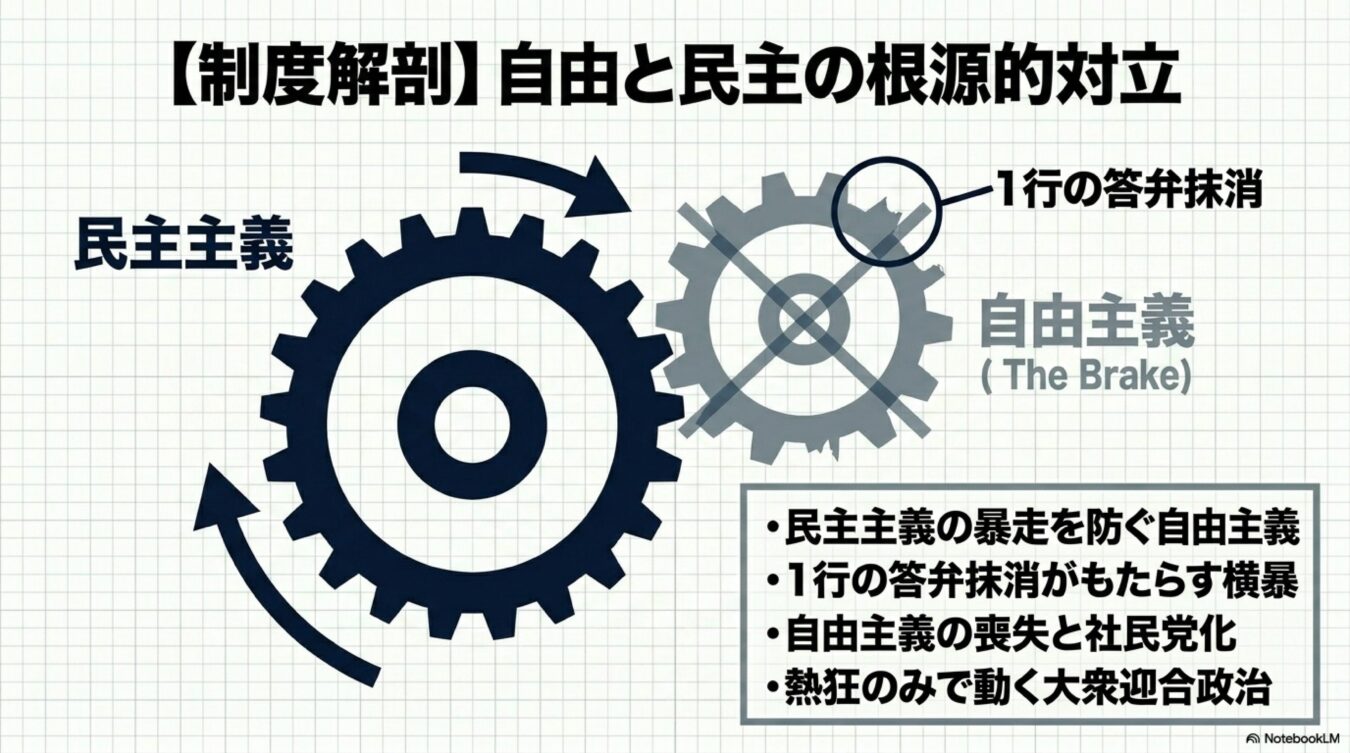 自由と民主の根源的対立をテーマに、民主主義の暴走を防ぐブレーキとしての自由主義の役割を解説。