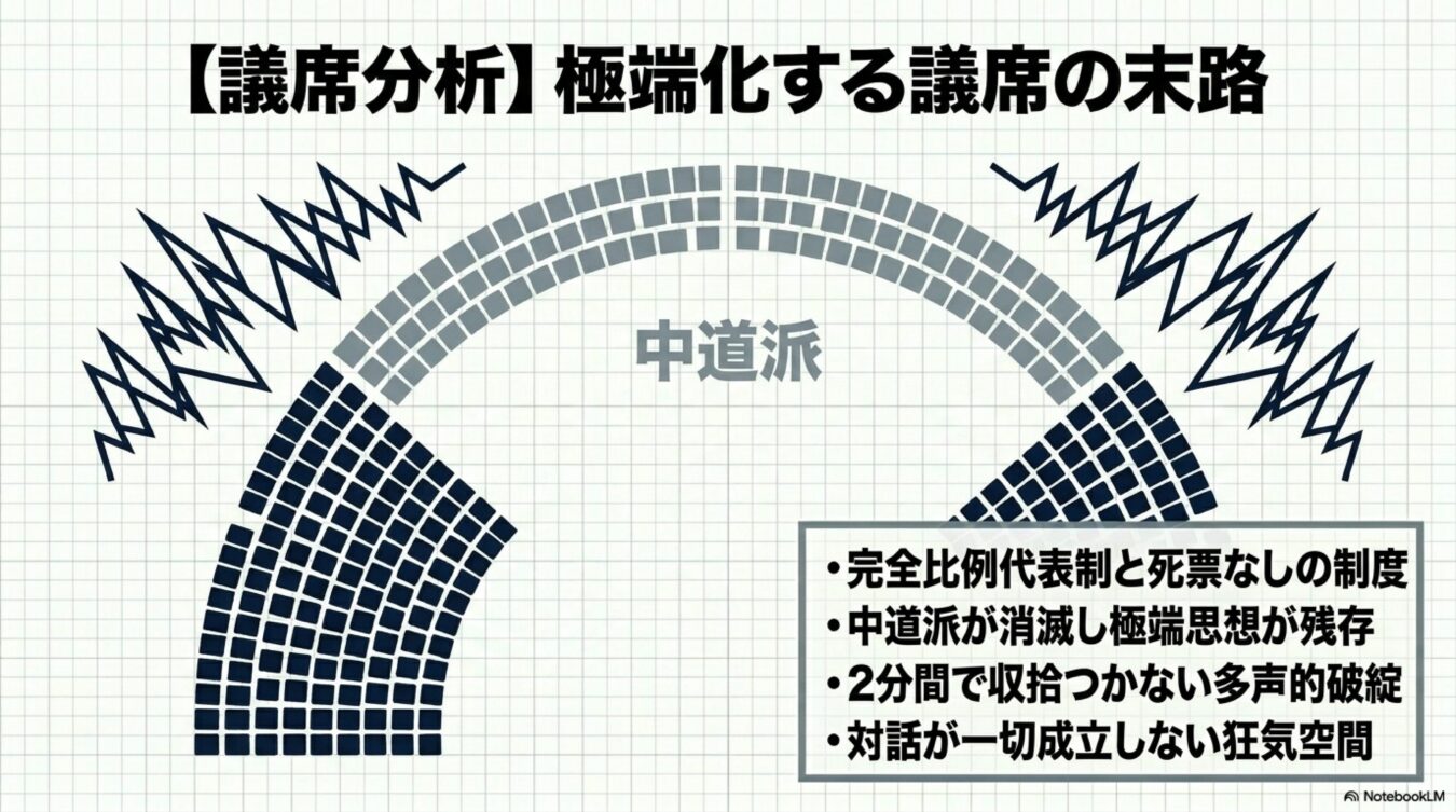 中道派が消滅し極端な思想のみが残存することで対話が一切成立しなくなる、議席の極端化の末路を示す分析図。