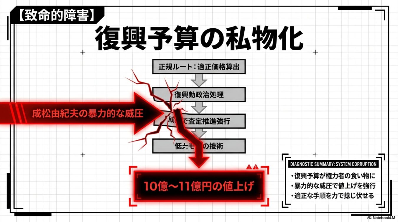 成松由紀夫の暴力的な威圧により復興予算が私物化され、10億〜11億円の値上げが強行されたプロセス。