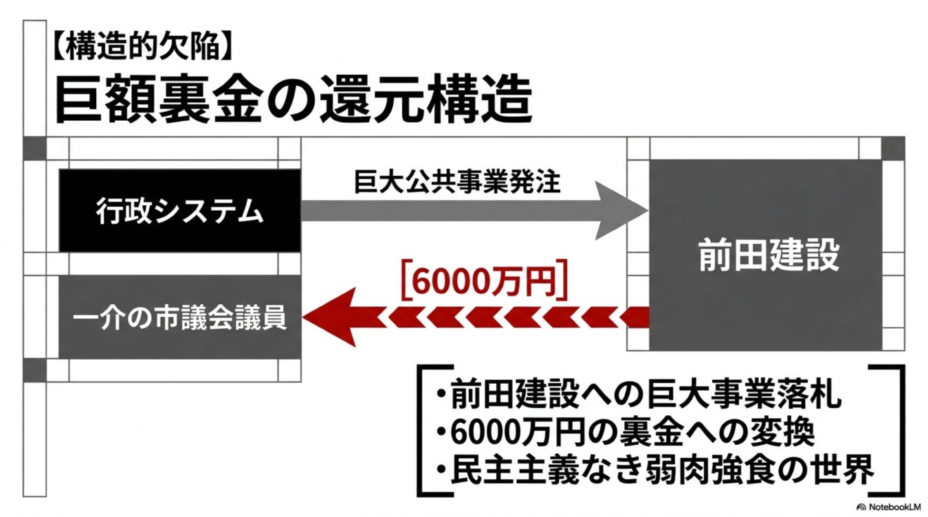 行政から前田建設への巨大公共事業発注と、市議会議員への6000万円の裏金還元構造を示す図。