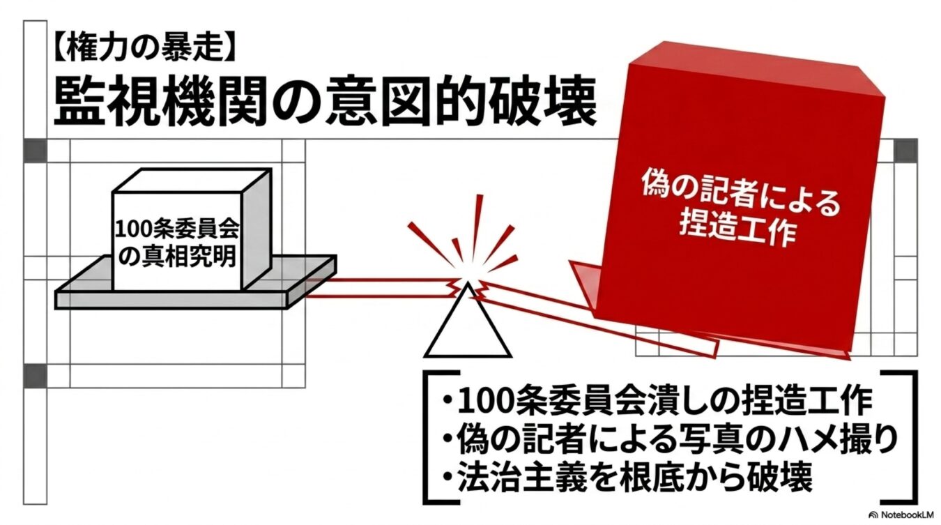 監視機関の意図的破壊を題し、偽の記者による捏造工作が100条委員会の真相究明を妨害する様子を示した図。