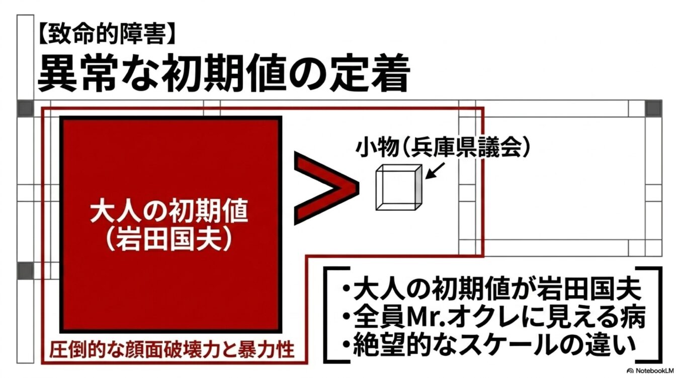 致命的な障害として大人の初期値(岩田国夫)と小物(兵庫県議会)の圧倒的なスケール差を比較し、顔面破壊力や暴力性といった特性を揶揄する図解。