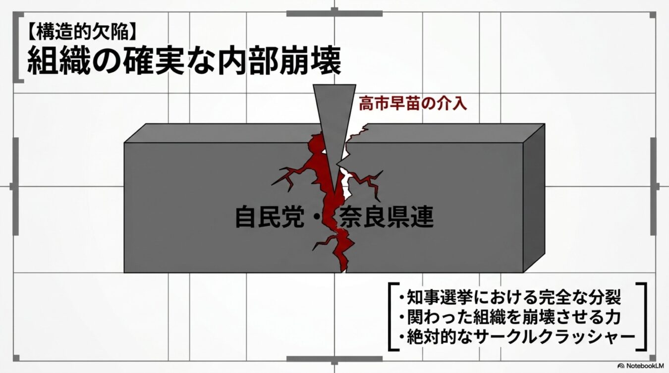 高市早苗の介入により自民党・奈良県連が内部崩壊する様子を、楔が打ち込まれるイラストで表現した図解。