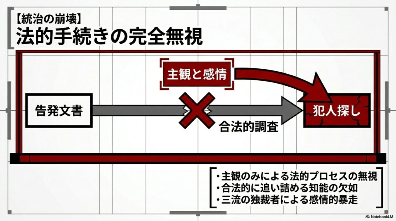 告発文書からの合法的調査が否定され、主観と感情によって犯人探しが行われる法的手続きの無視を示す図解。
